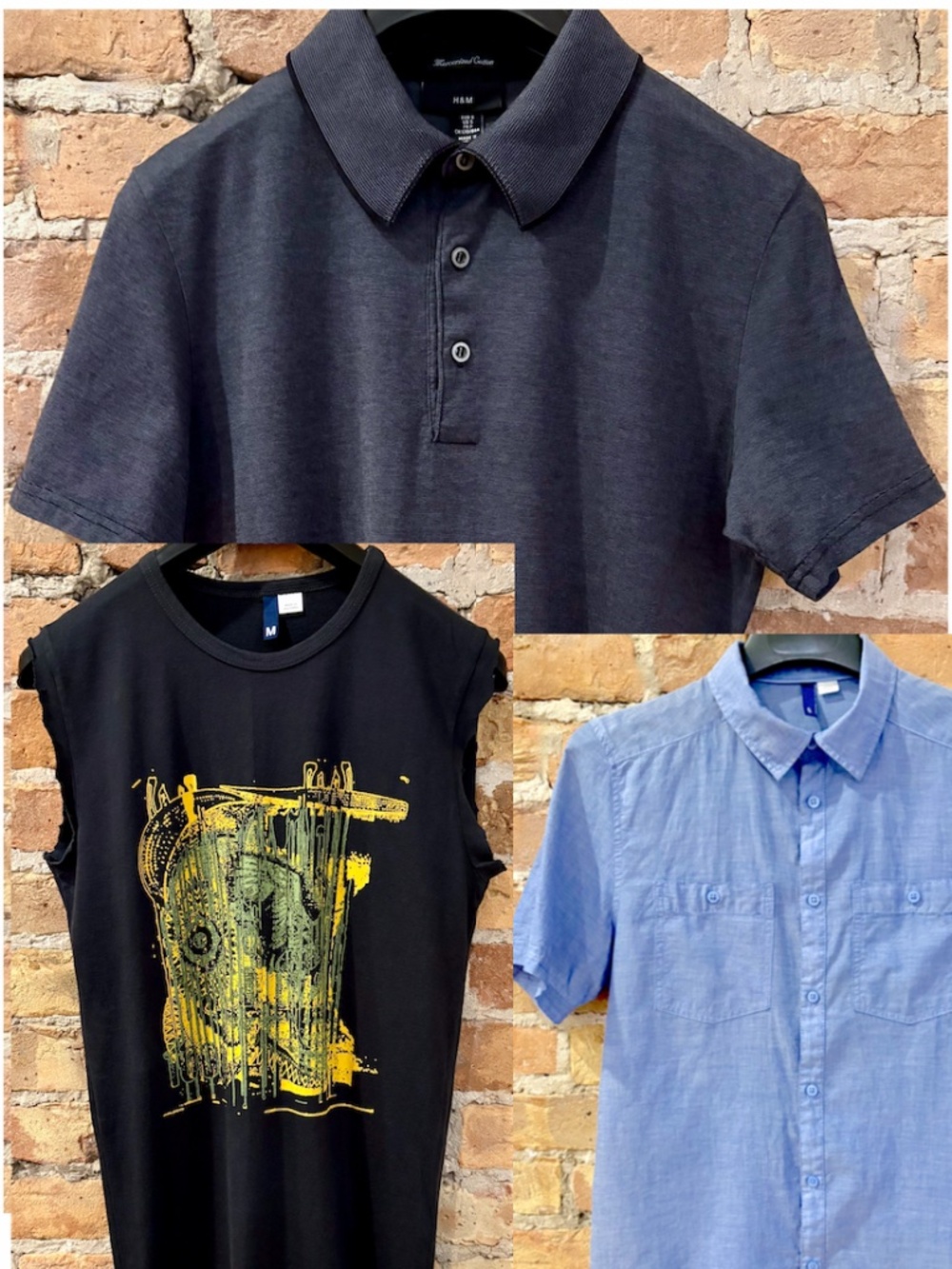 H&M 3 Shirts: Gray Polo, Black Sleeveless T-Shirt, Blue Short Sleeve Button-Up